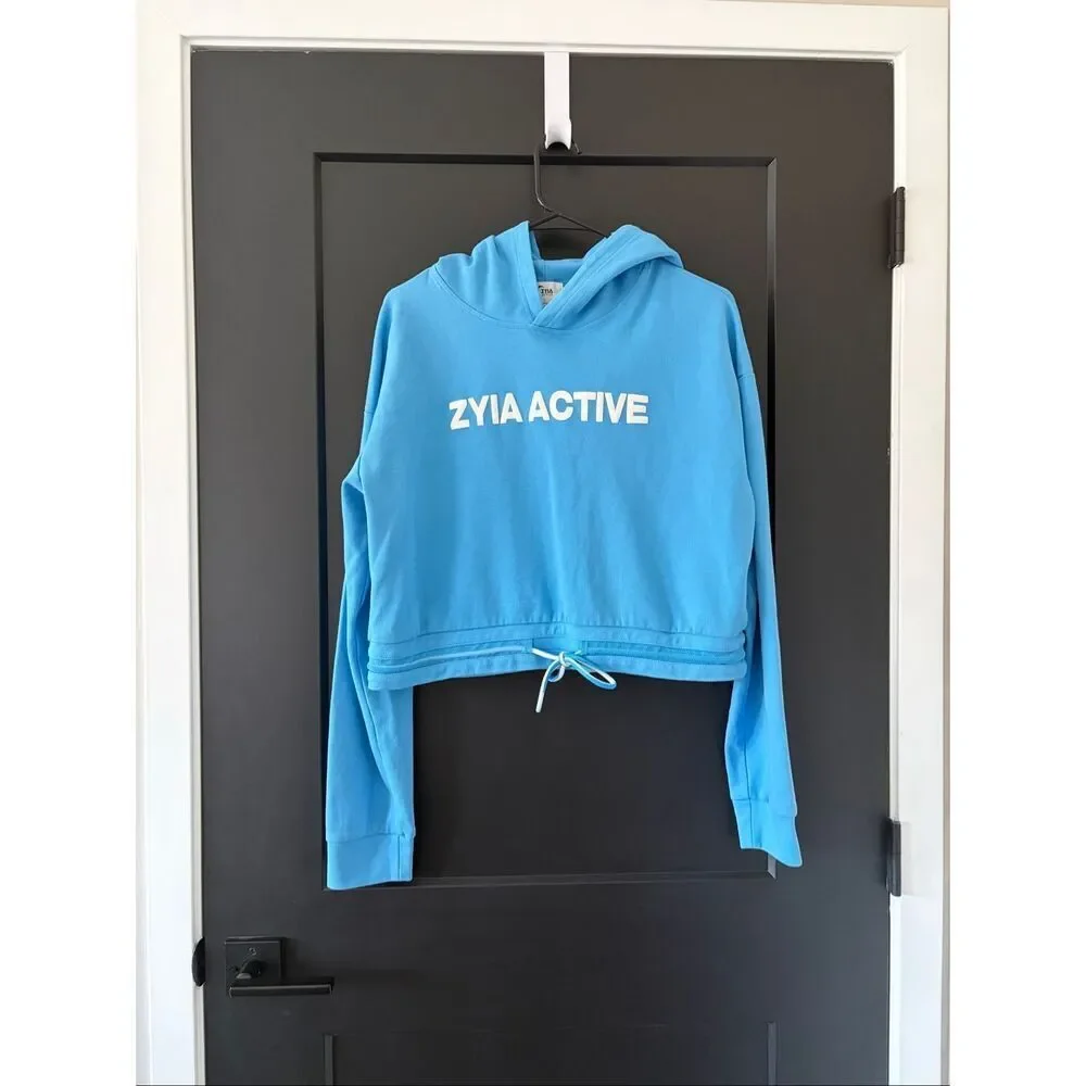 Zyia Active Blue Uppercut Crop Hoodie Cinch Waist Size Large
